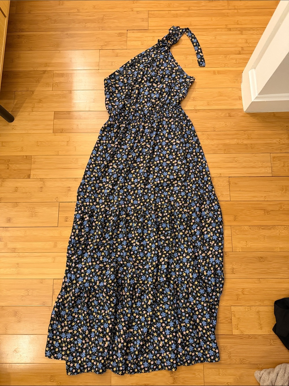 Women’s One-Shoulder Floral Maxi Dress in Black and Blue